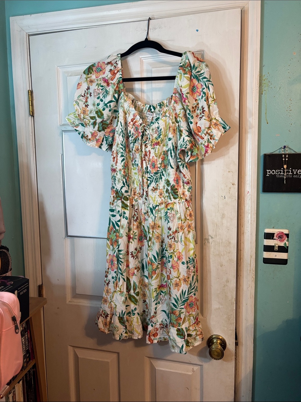 AUW White Floral Midi Dress with Green & Pink Accents Size 2X